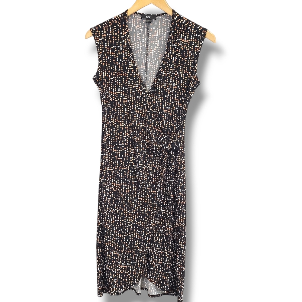 BCX Y2K Era Black Polka-dot Faux Wrap Style Midi Dress Medium